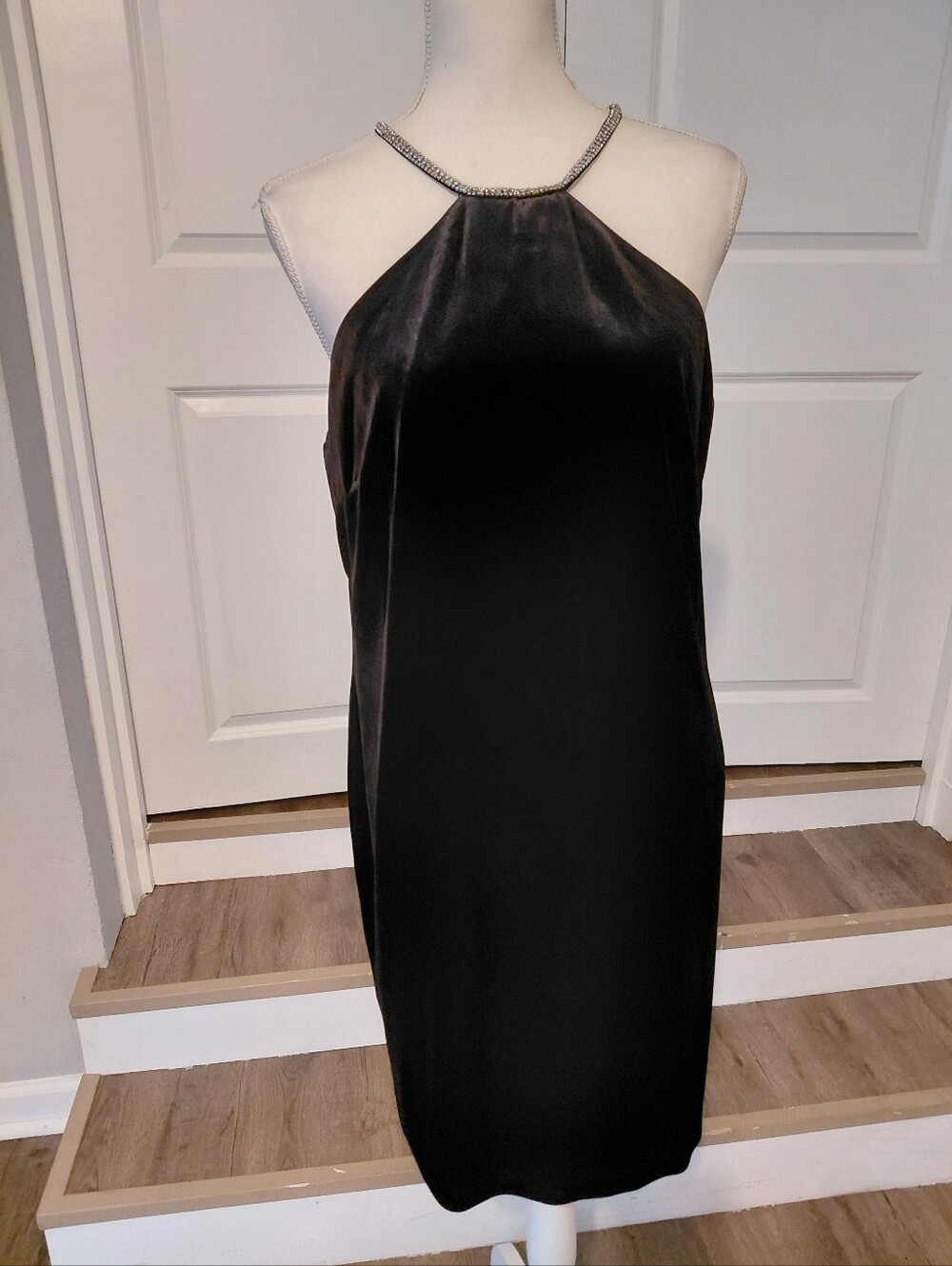 Alex Marie Black Velvet Halter Cocktail Dress with Embellished Neckline Sz 12